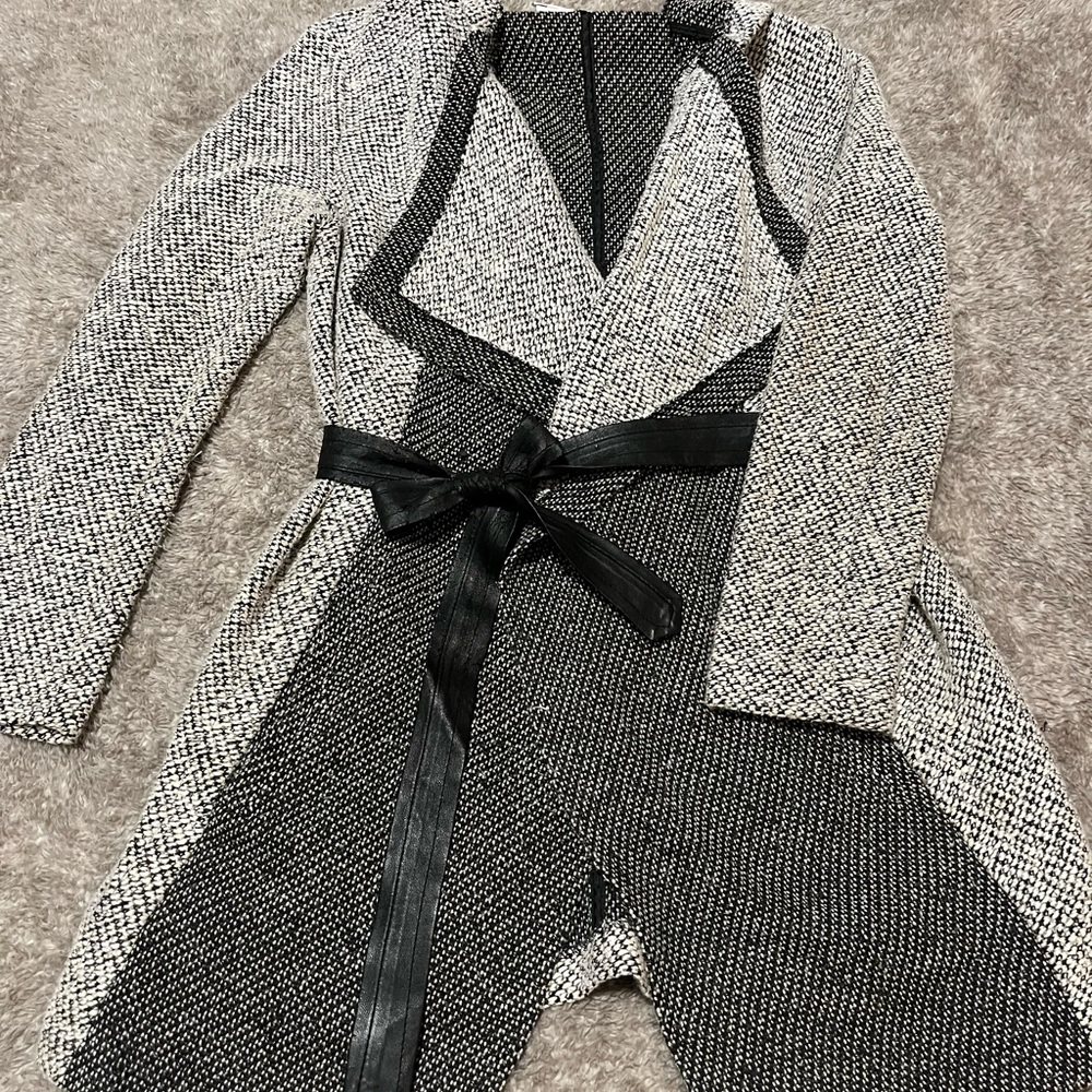 BB Dakota Black and White Asymmetrical Belted Coat